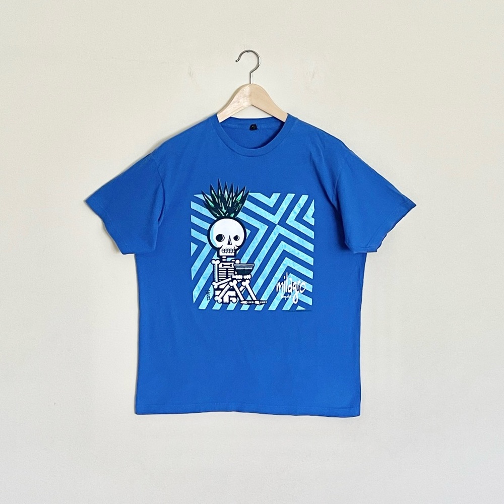 Milagro Tequila Agave Skeleton Graphic Blue T Shirt Adult size Large